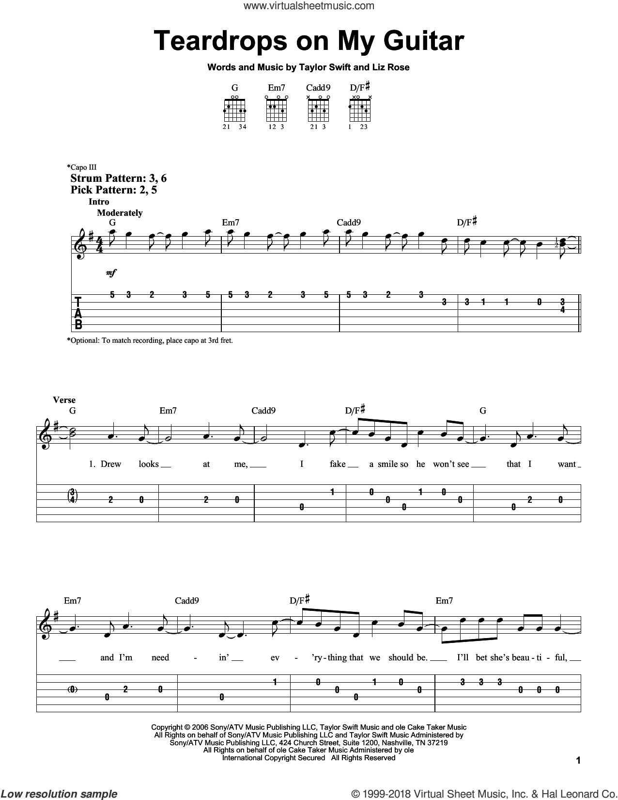 Teardrops On My Guitar sheet music (easy) for guitar solo (easy tablature)