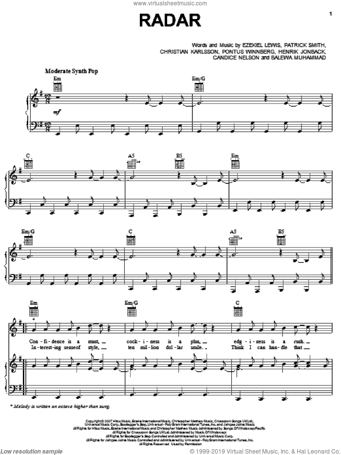 Spears - Radar Sheet Music For Voice, Piano Or Guitar [PDF]