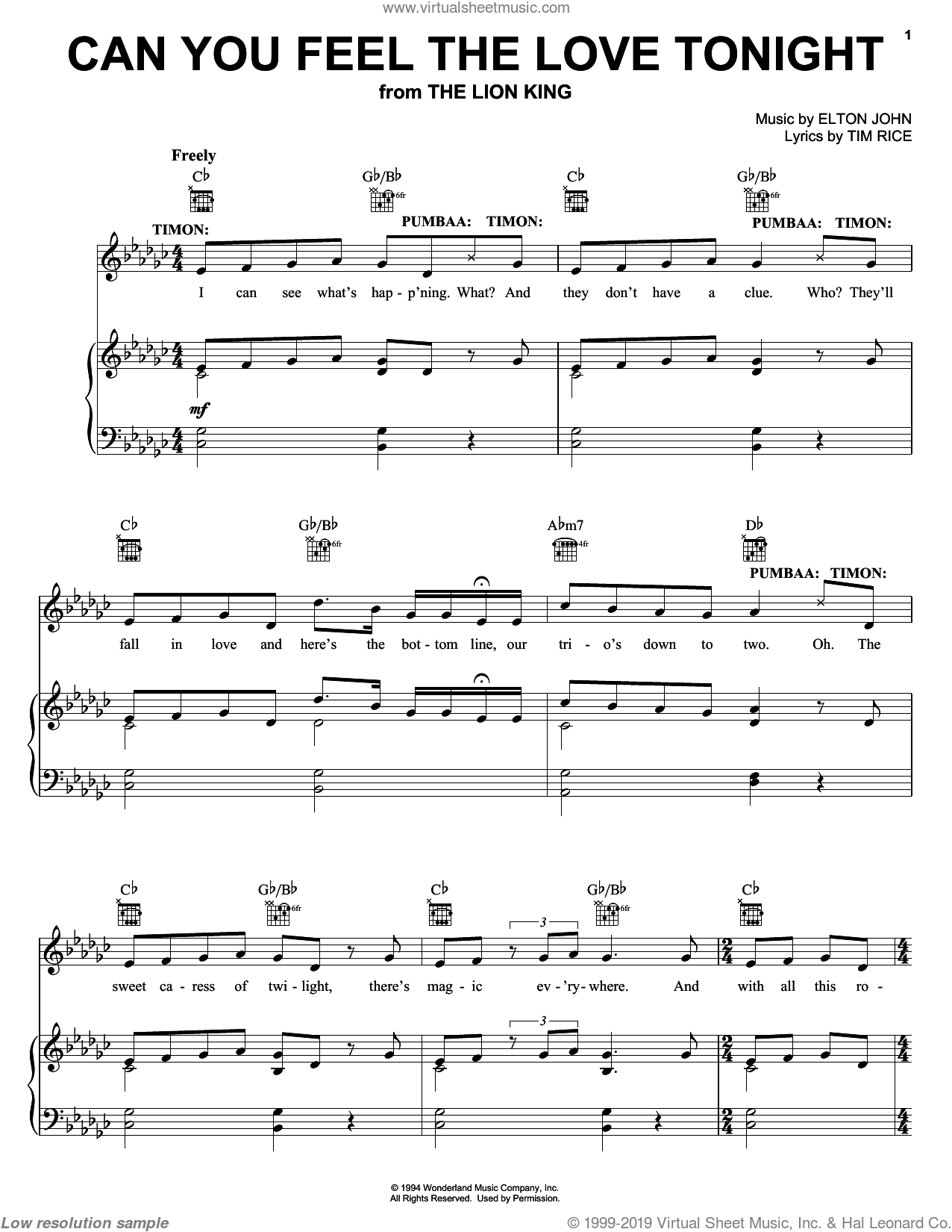 Can You Feel The Love Tonight (from The Lion King) Sheet Music, Elton John