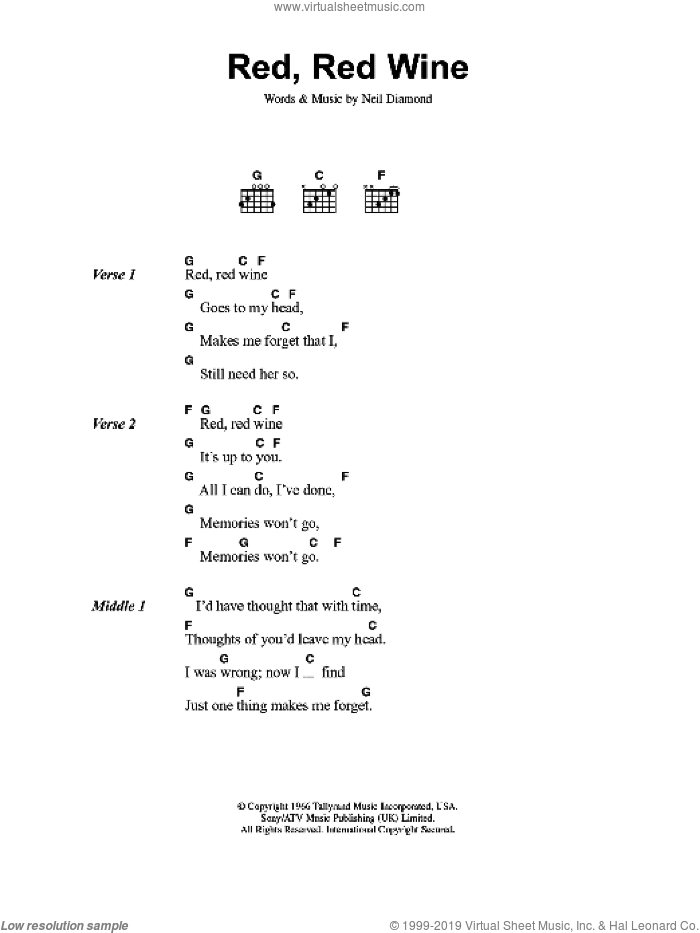 UB40 Red, Red Wine sheet music for guitar (chords) (PDF)