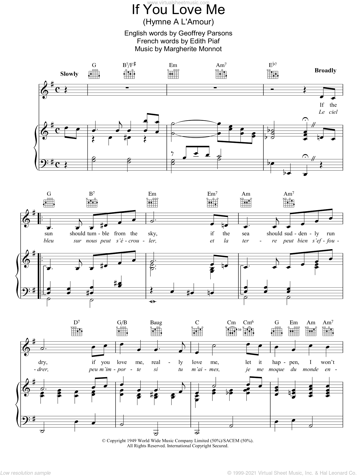 Piaf If You Love Me I Won T Care Hymne A L Amour Sheet Music For Voice Piano Or Guitar