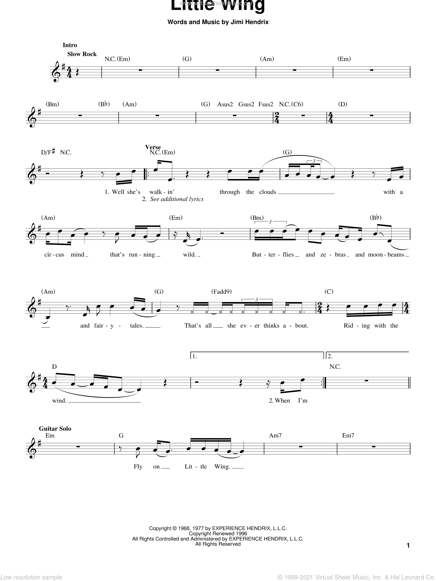 Hendrix - Little Wing sheet music for guitar solo (chords) [PDF]