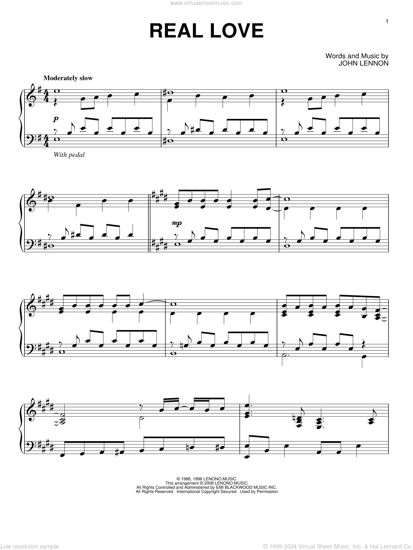John Lennon: Real Love sheet music for piano solo (PDF), image size:1400x1864