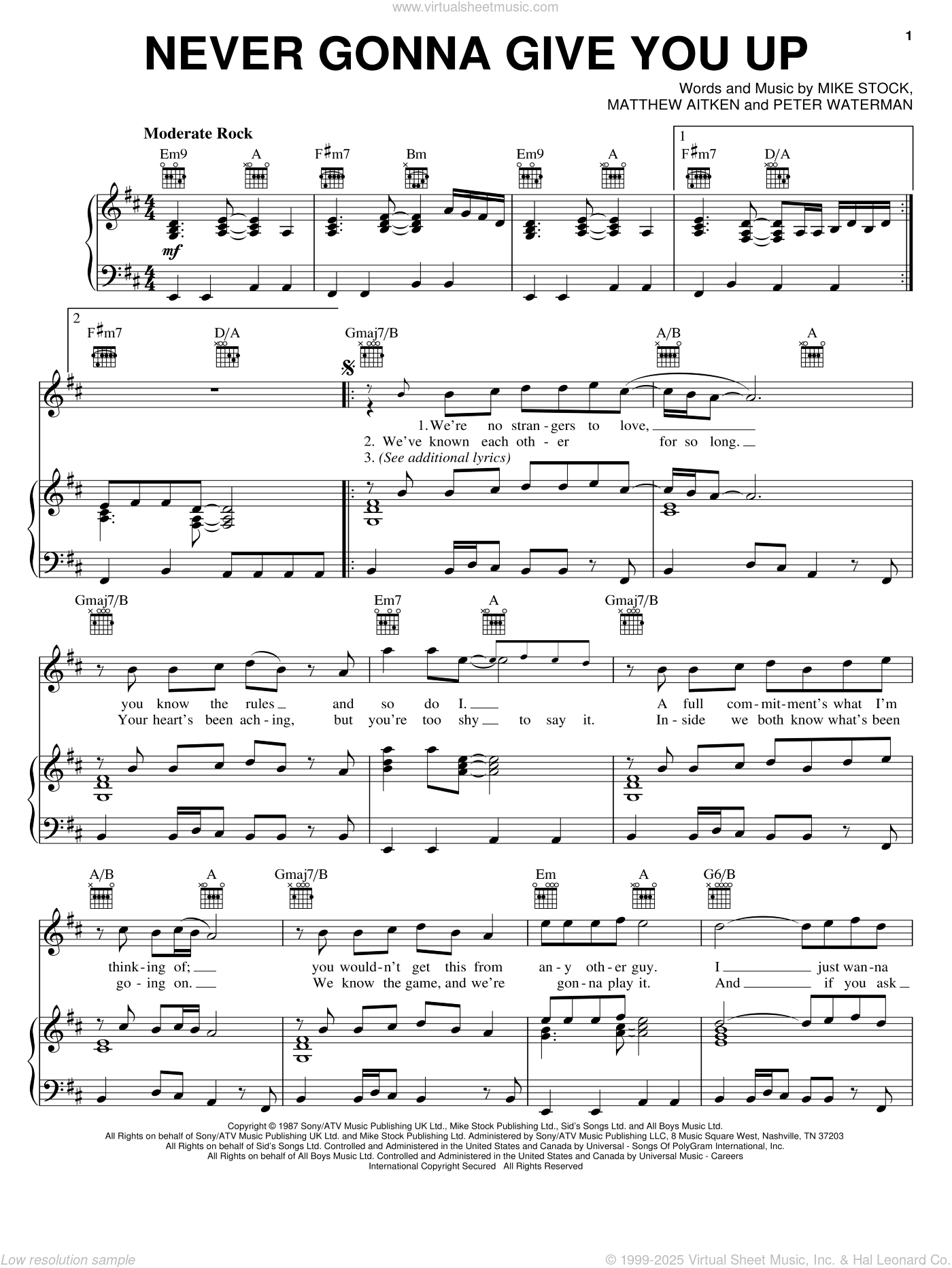 Astley - Never Gonna Give You Up sheet music for voice, piano or guitar