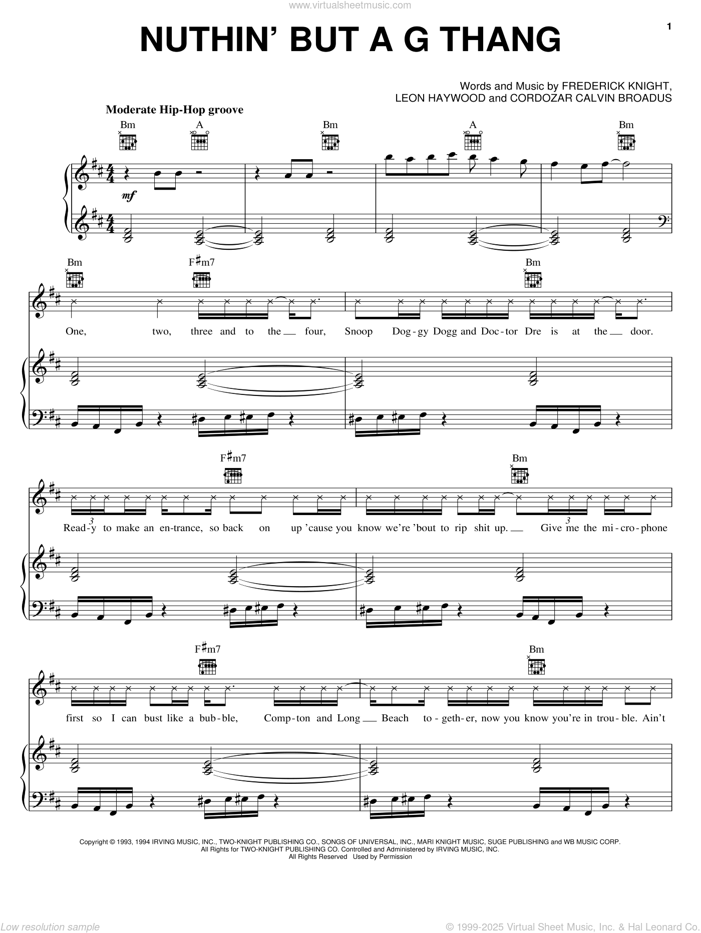 Dog Nuthin But A G Thang Sheet Music For Voice Piano Or Guitar