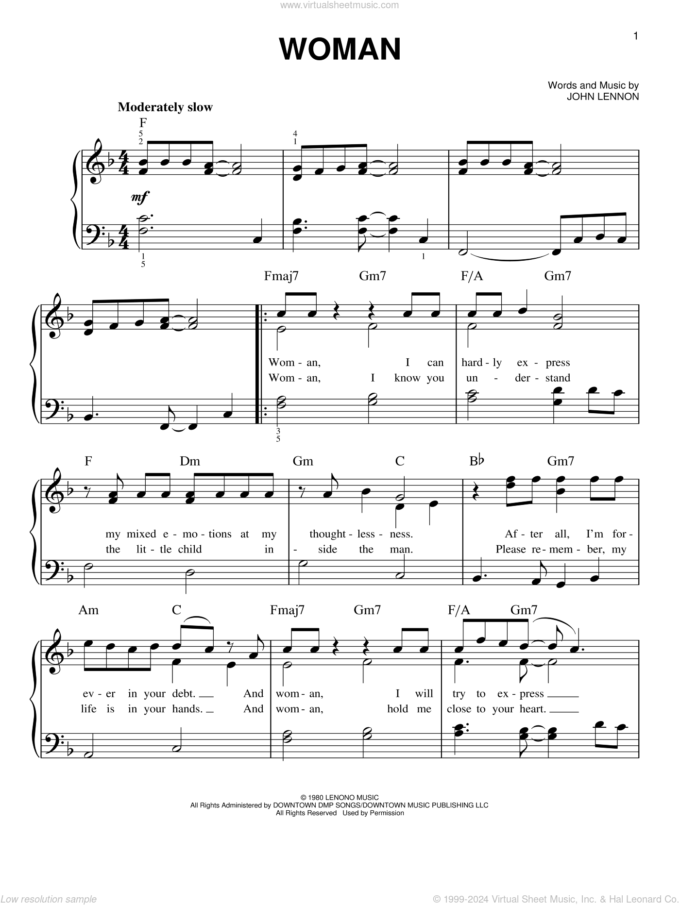 Woman by John Lennon - Easy Piano - Digital Sheet Music