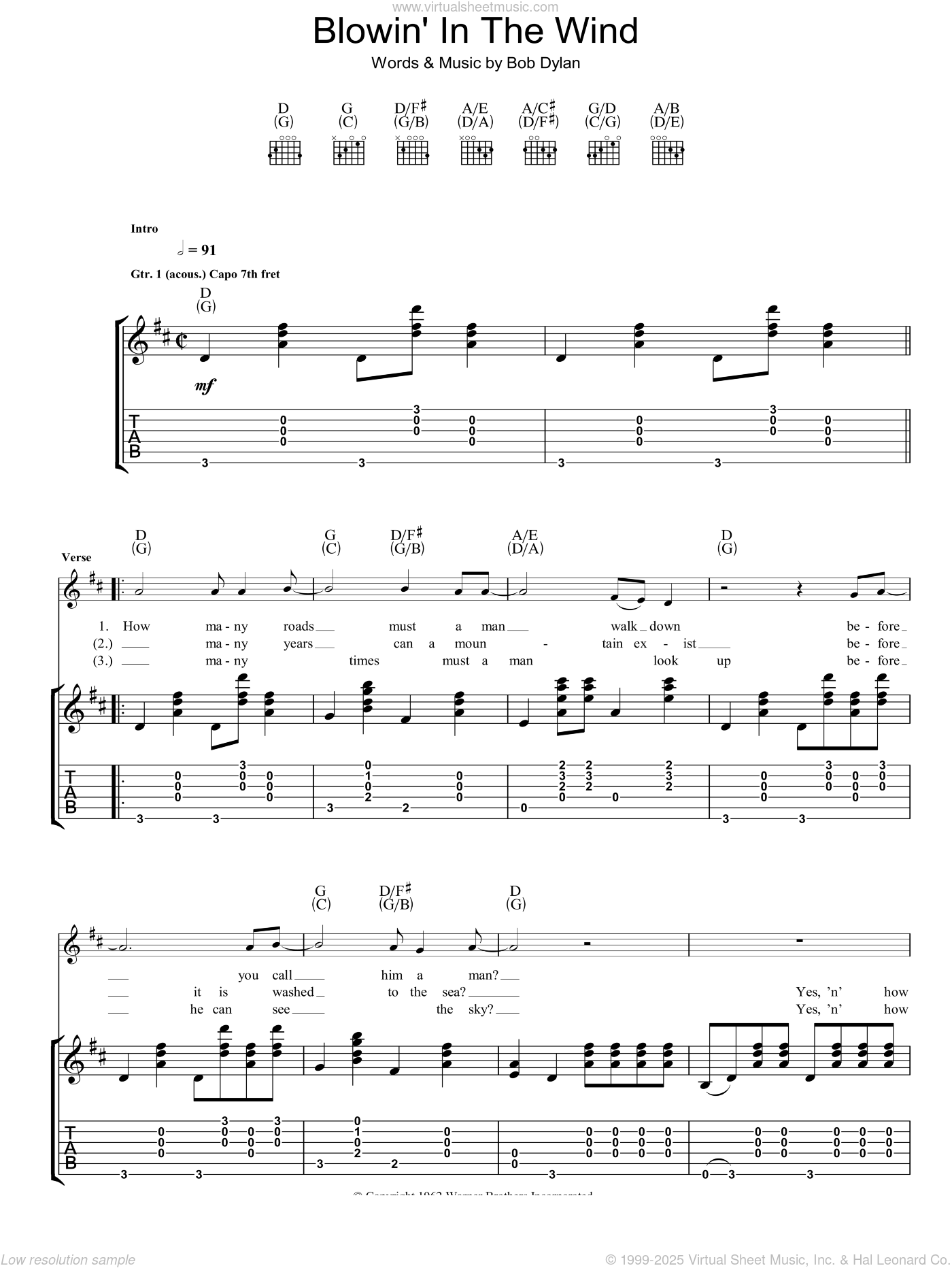 Blowin' In The Wind sheet music for guitar (tablature) (PDF)
