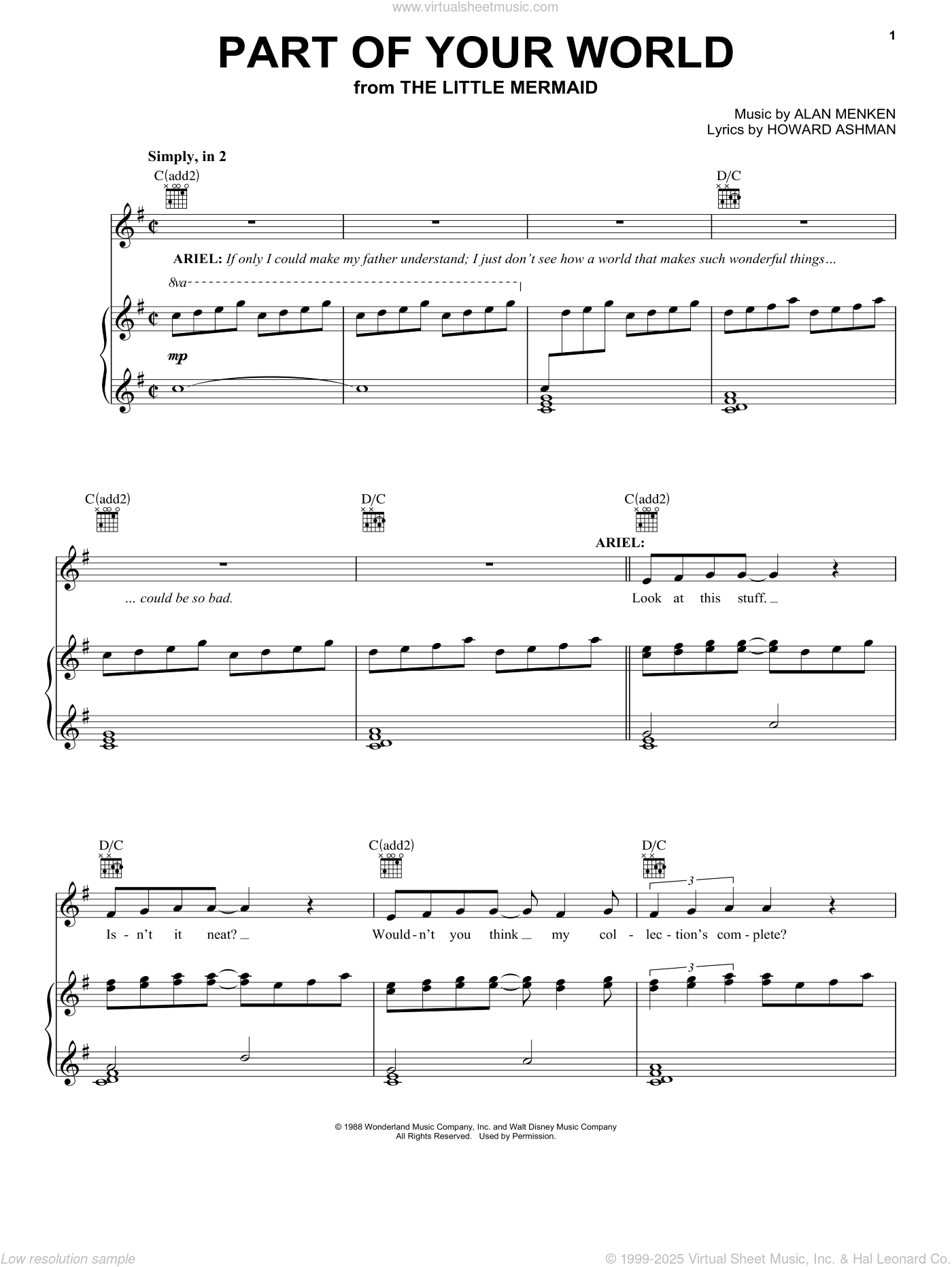 Menken Part Of Your World From The Little Mermaid A Broadway Musical Sheet Music For Voice Piano Or Guitar V2