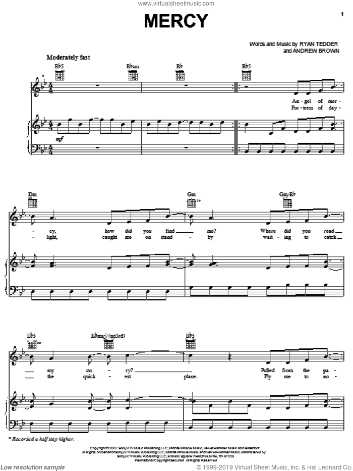 OneRepublic: Mercy sheet music for voice, piano or guitar (PDF)