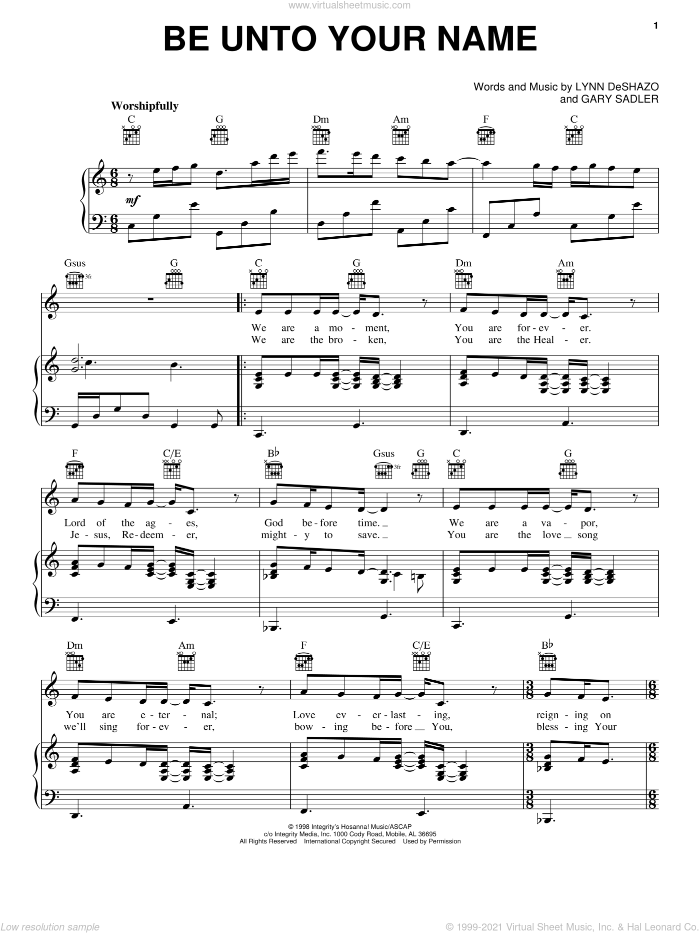 Be Unto Your Name sheet music for voice, piano or guitar (PDF)