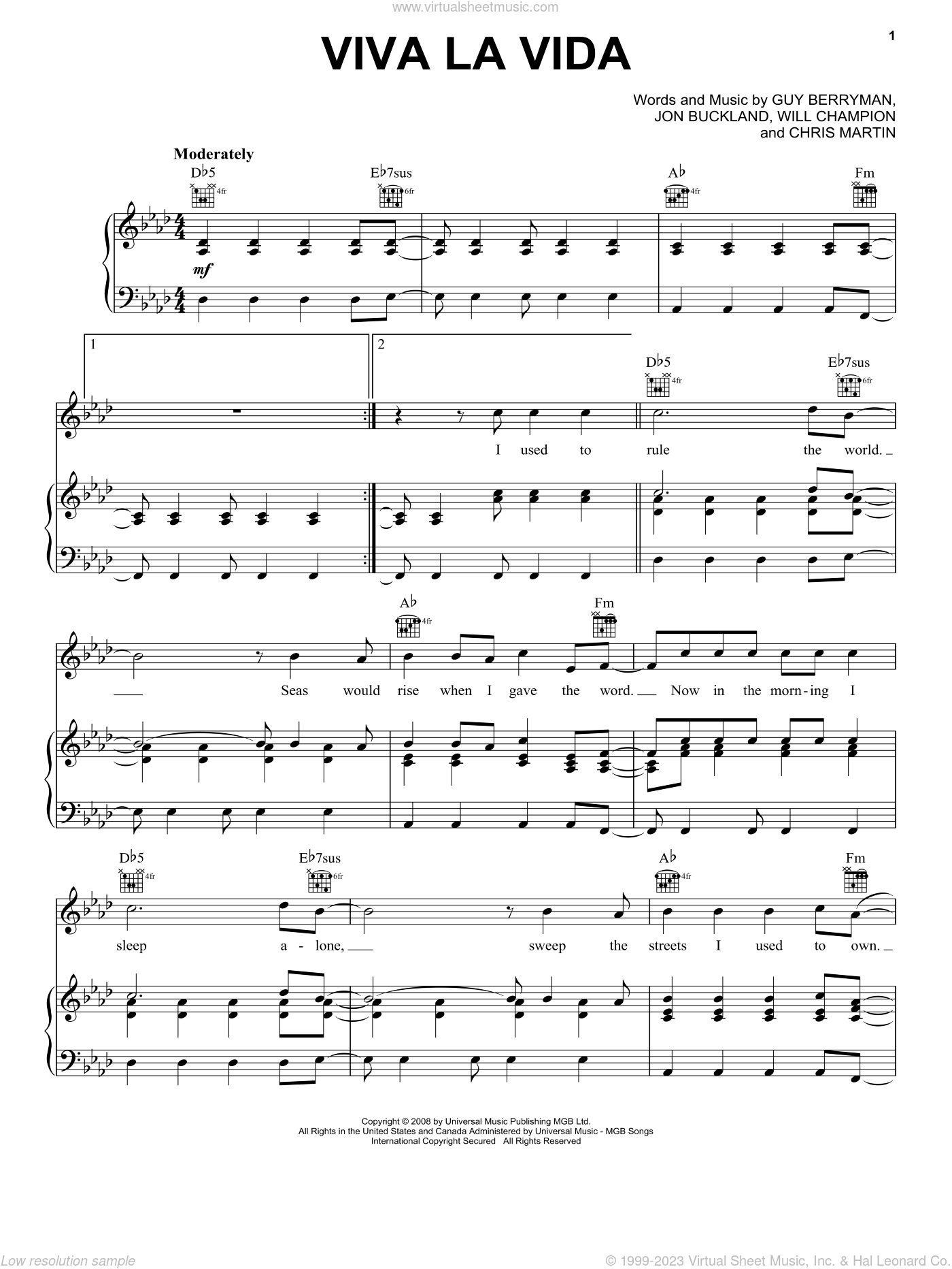 Viva La Vida sheet music for voice, piano or guitar v2