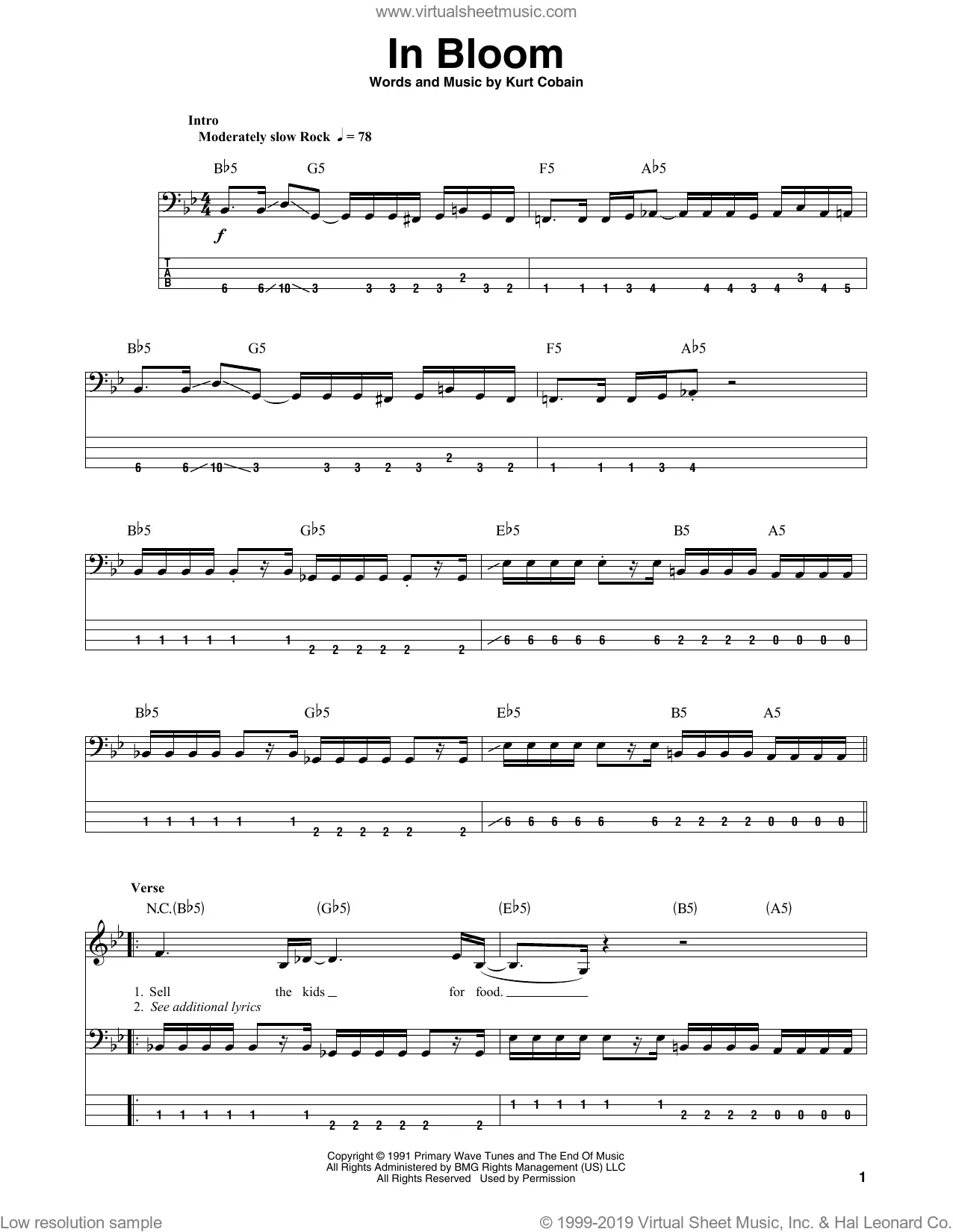 Download & Print In Bloom for bass (tablature) (bass guitar) by Nirvana...