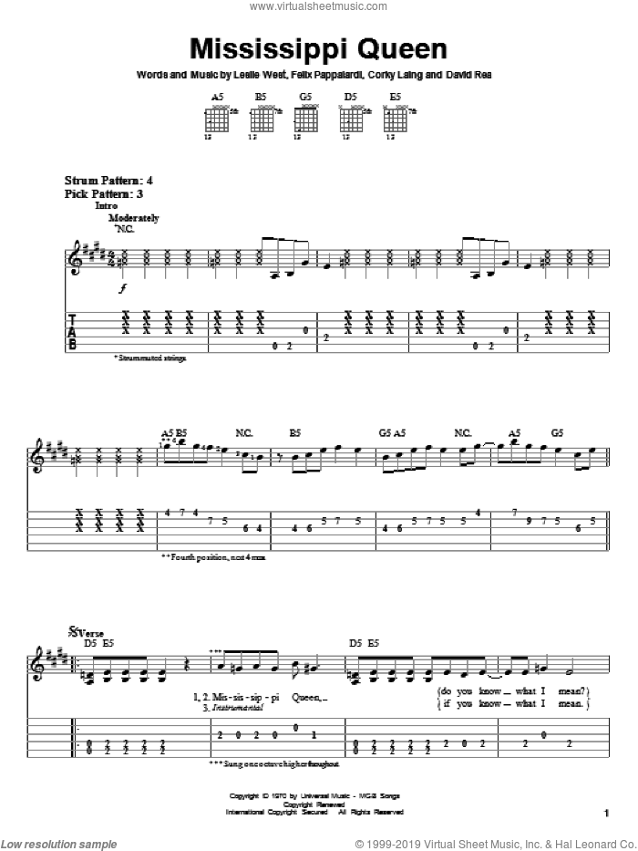 Mississippi Queen sheet music (easy) for guitar solo (easy tablature)