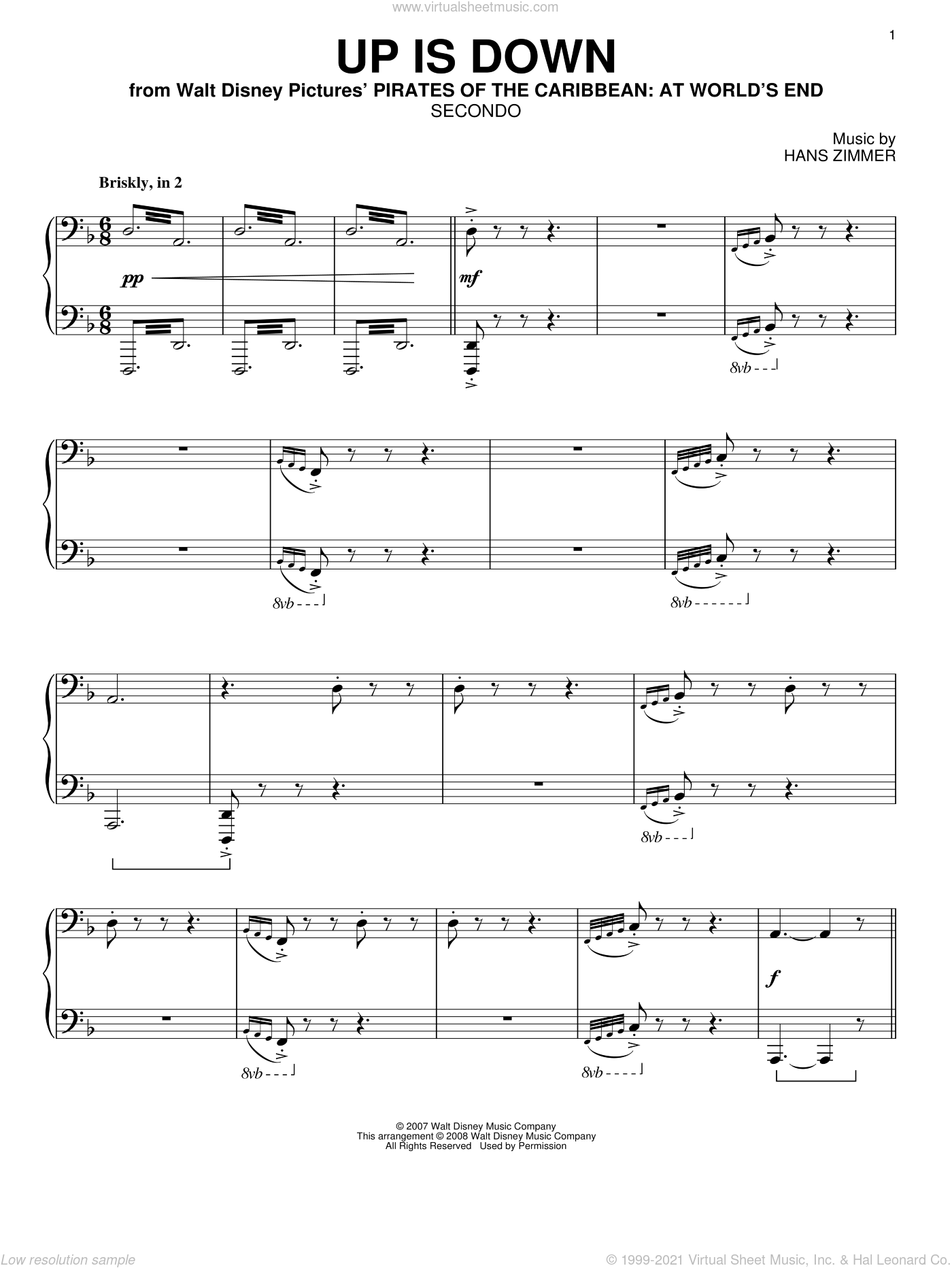 Zimmer Up Is Down From Pirates Of The Caribbean At World S End Sheet Music For Piano Four Hands