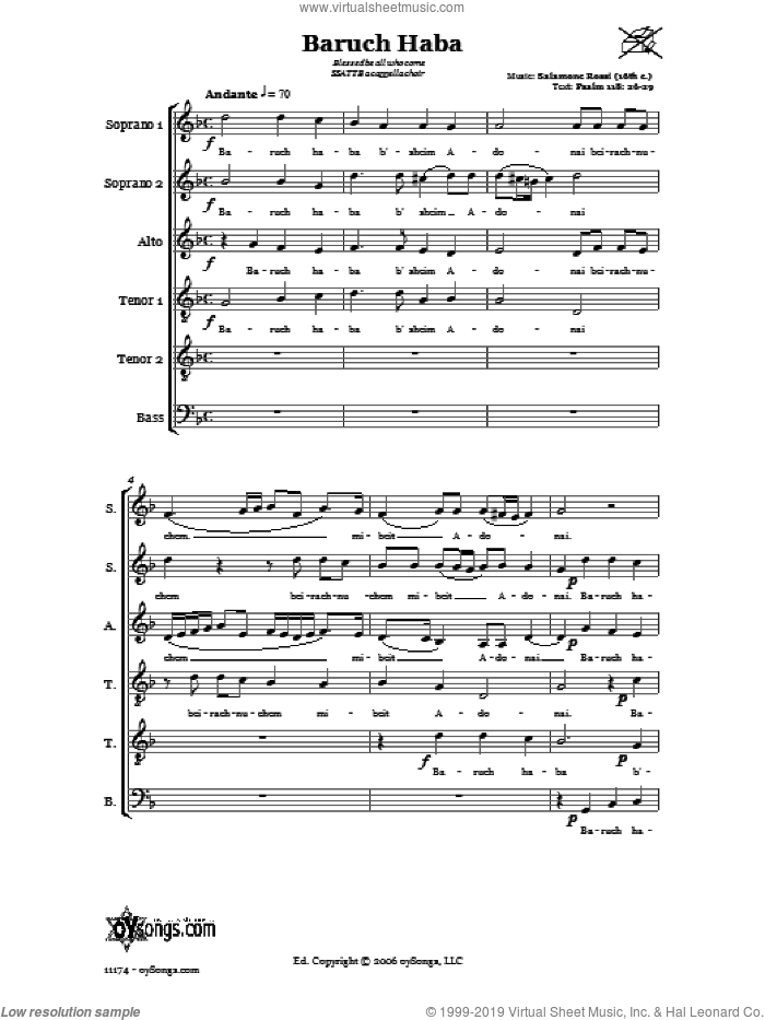 Baruch Haba (Blessed be all who come) sheet music for choir (SSATTB)