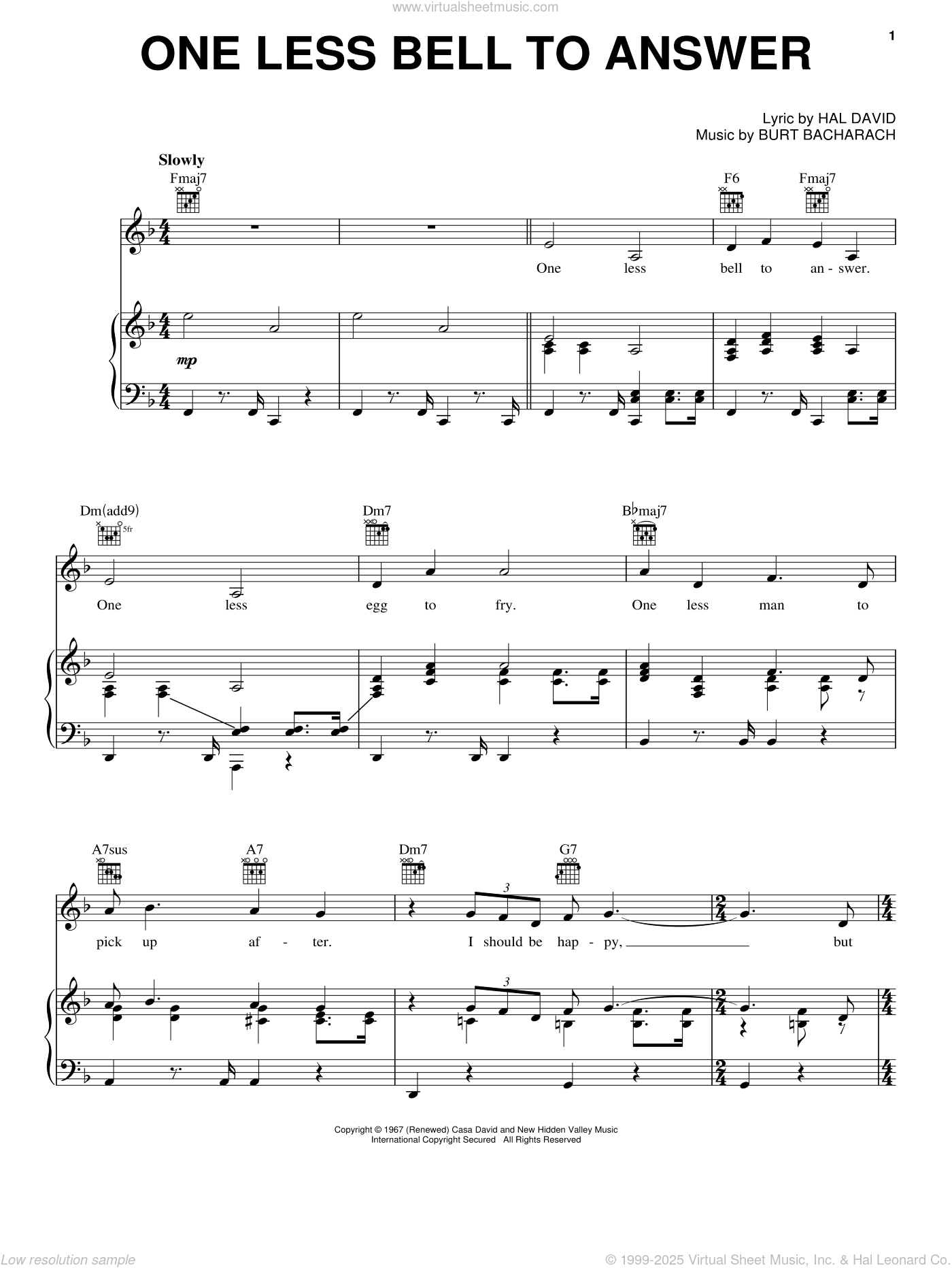 Bacharach & David One Less Bell To Answer sheet music for voice, piano
