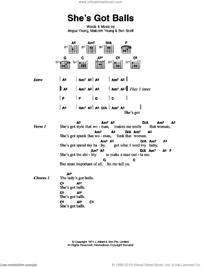 AC/DC She's Got Balls sheet music for guitar (chords) [PDF]