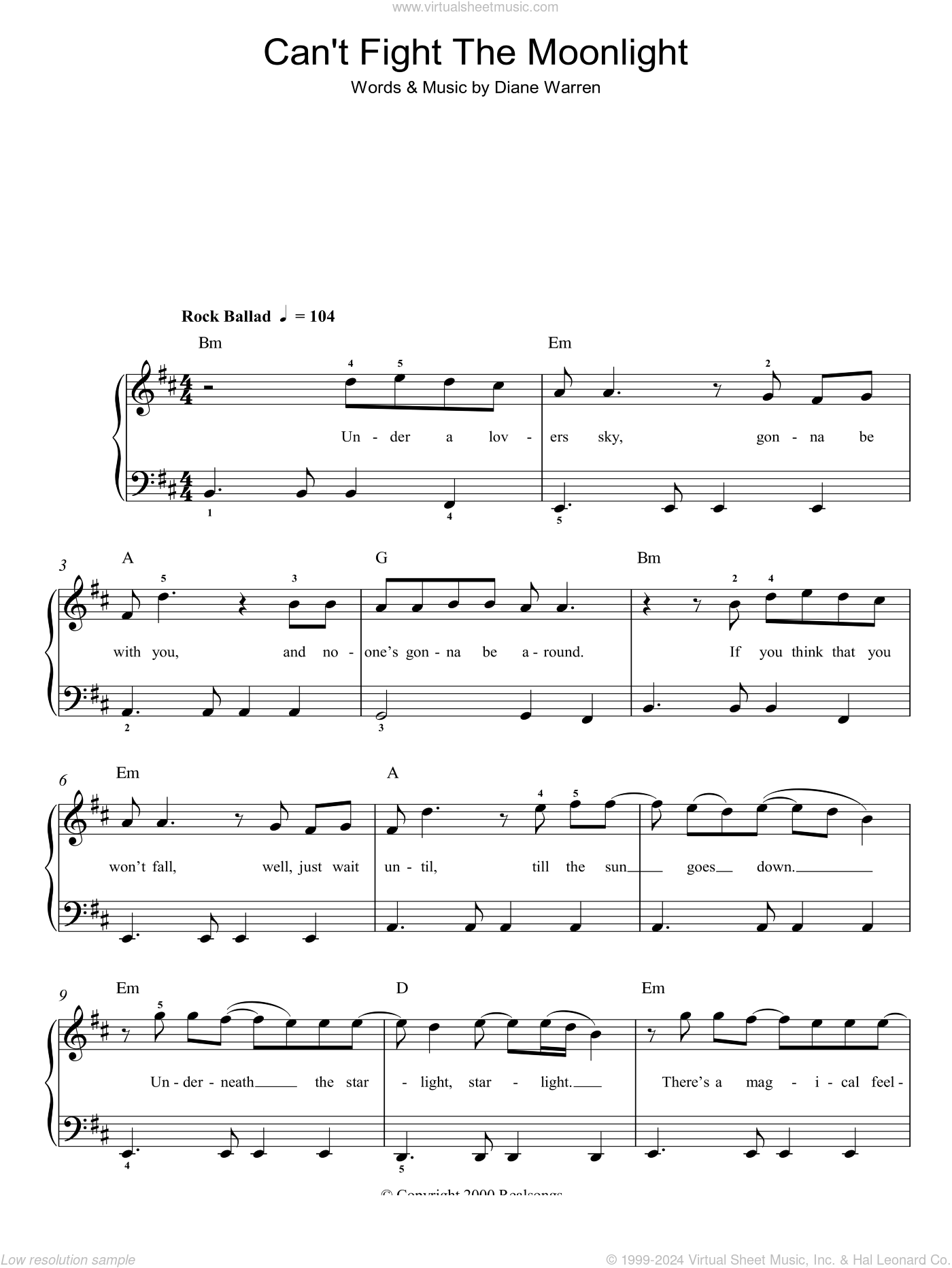 Can't Fight The Moonlight sheet music for piano solo (PDF)