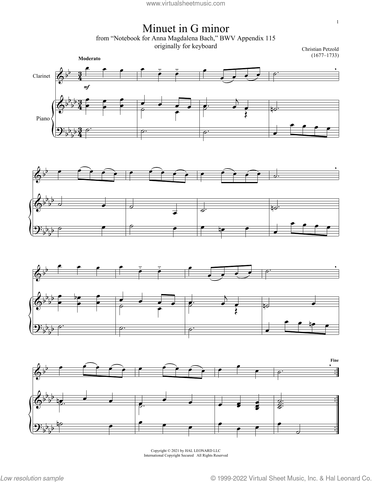 Minuet In G Minor, BWV Anh. 115 sheet music for clarinet and piano