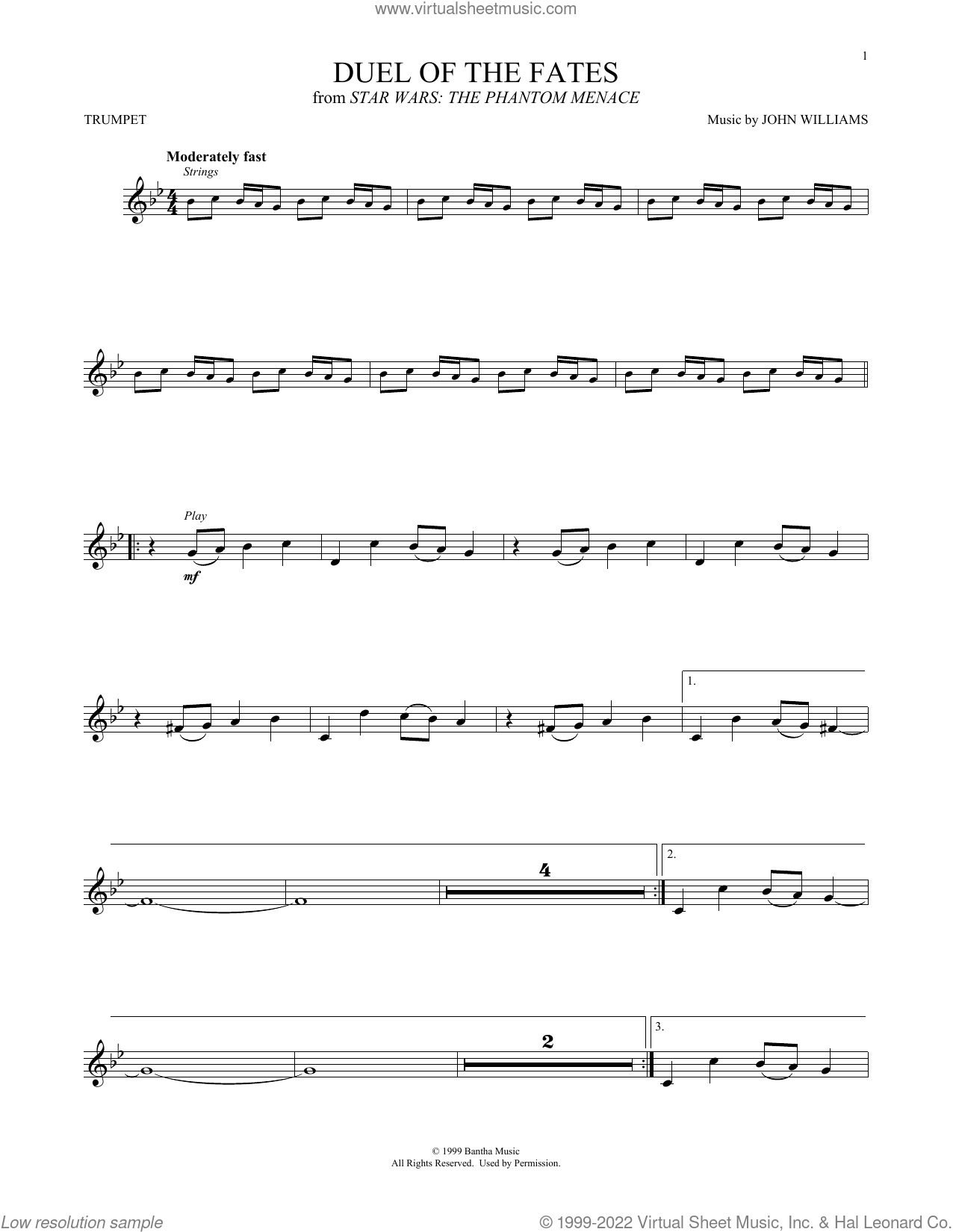 Duel Of The Fates (from Star Wars: The Phantom Menace) sheet music for  trumpet solo