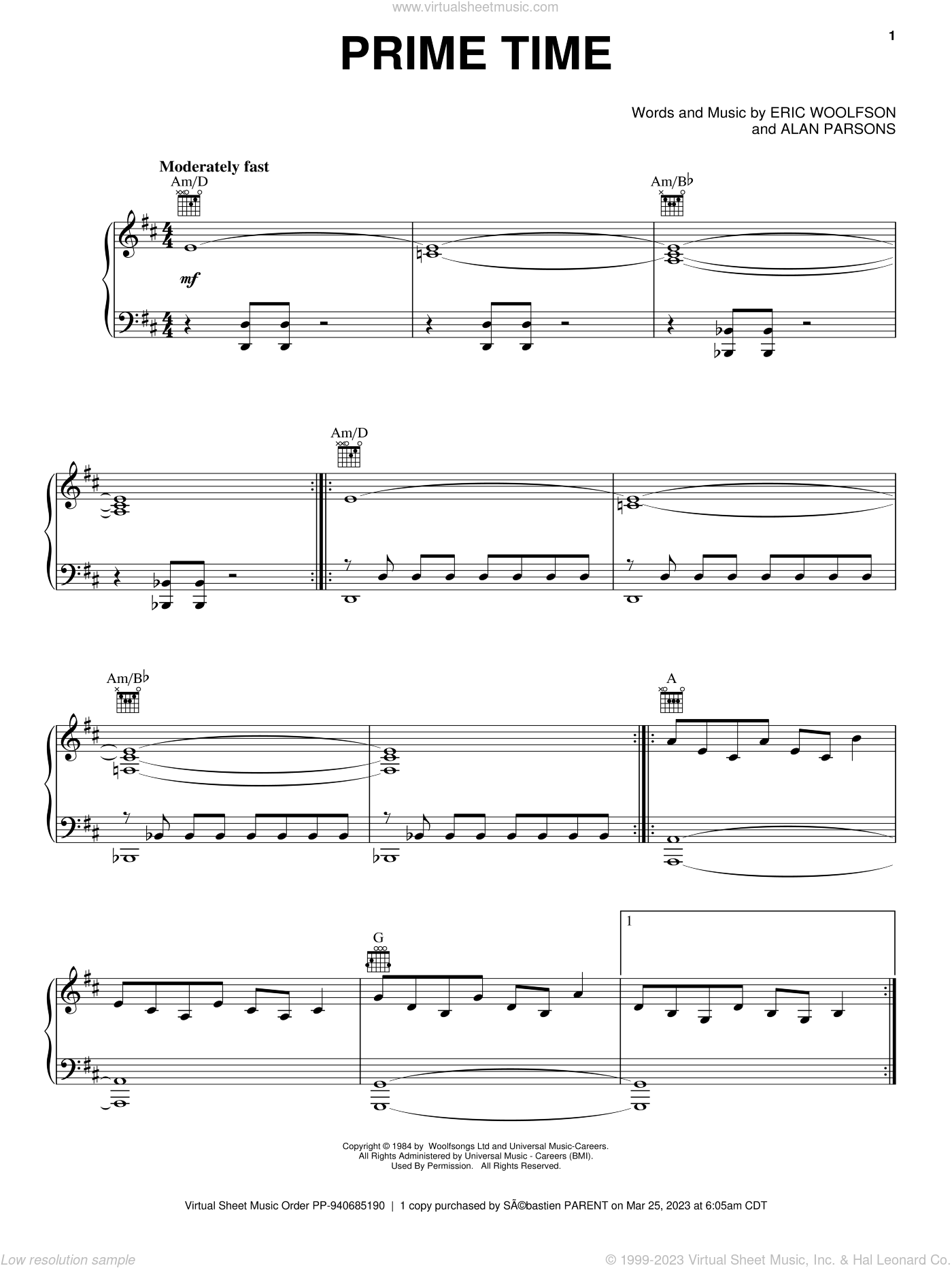 Prime Time sheet music for voice, piano or guitar (PDF)