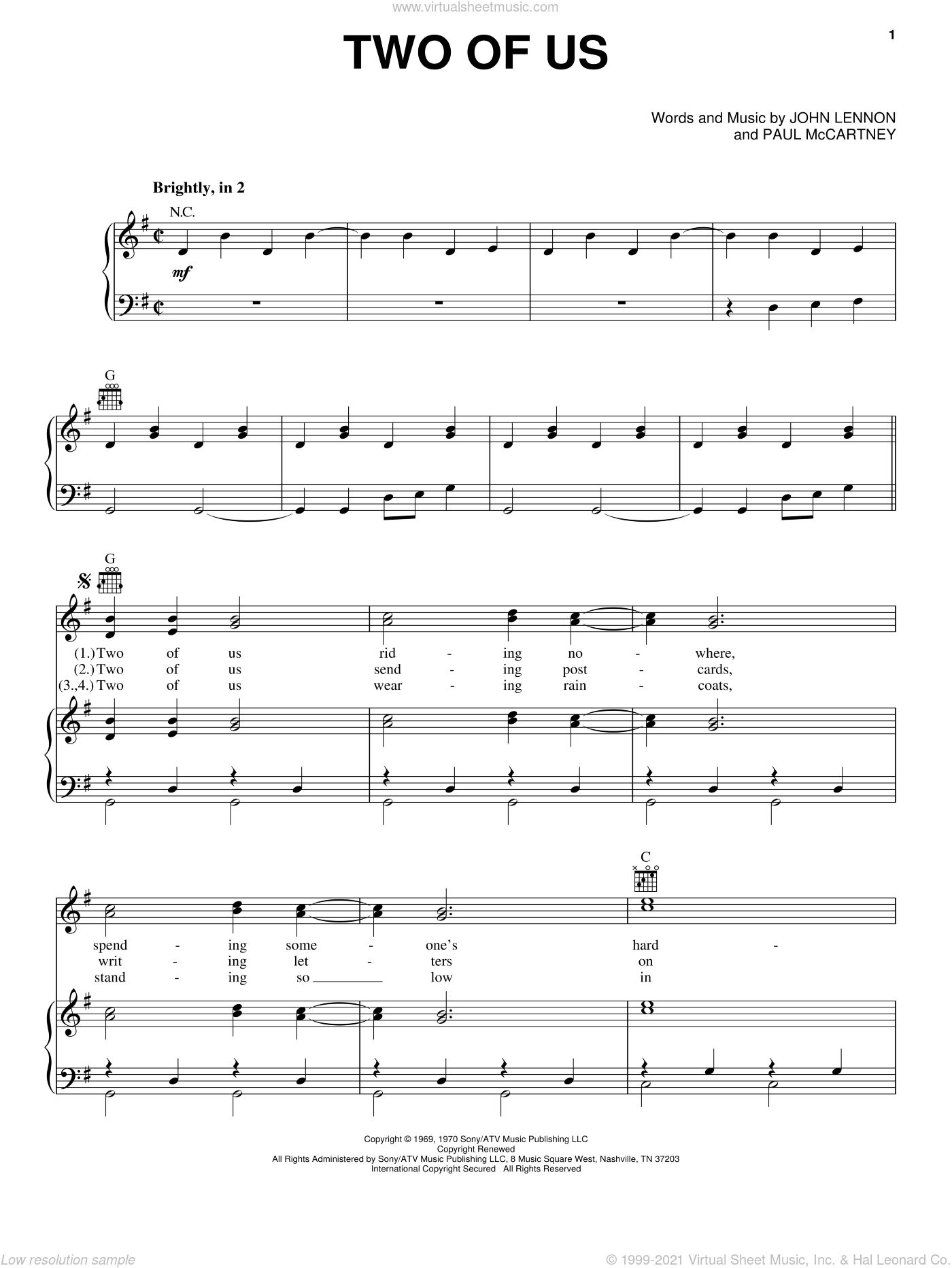 Beatles - Two Of Us sheet music for voice, piano or guitar [PDF]