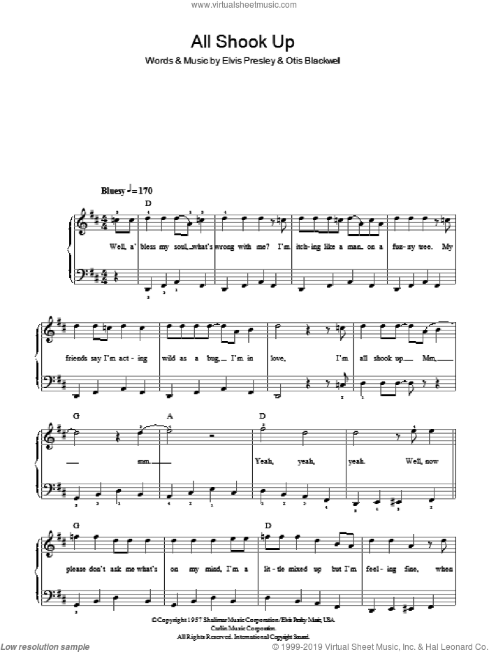 Presley All Shook Up Sheet Music Easy Version 3 For Piano Solo