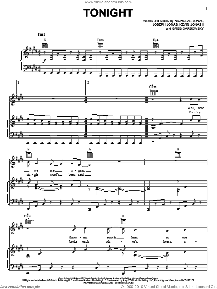 Jonas Brothers: Tonight sheet music for voice, piano or guitar