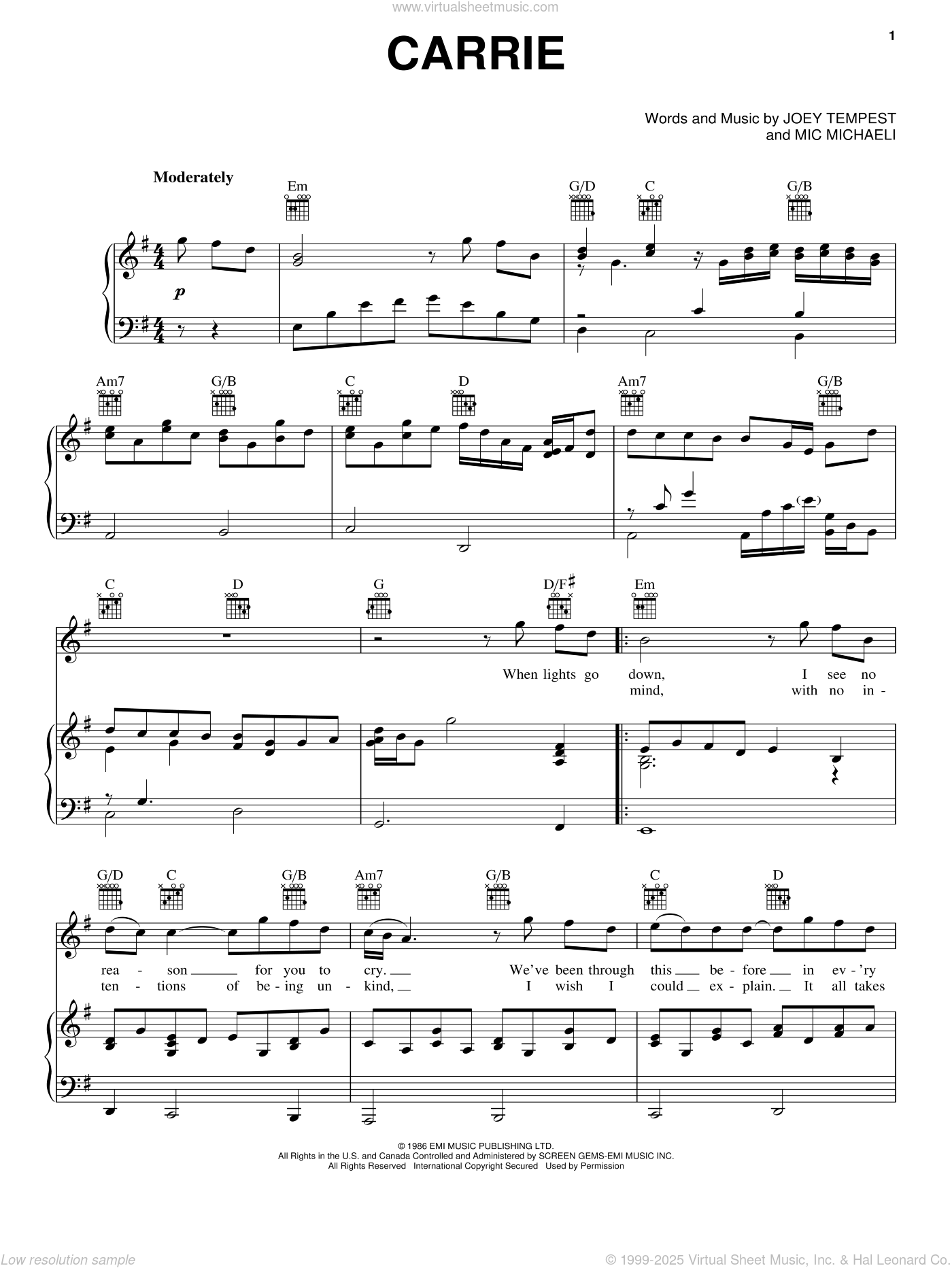 Europe Carrie sheet music for voice, piano or guitar [PDF]