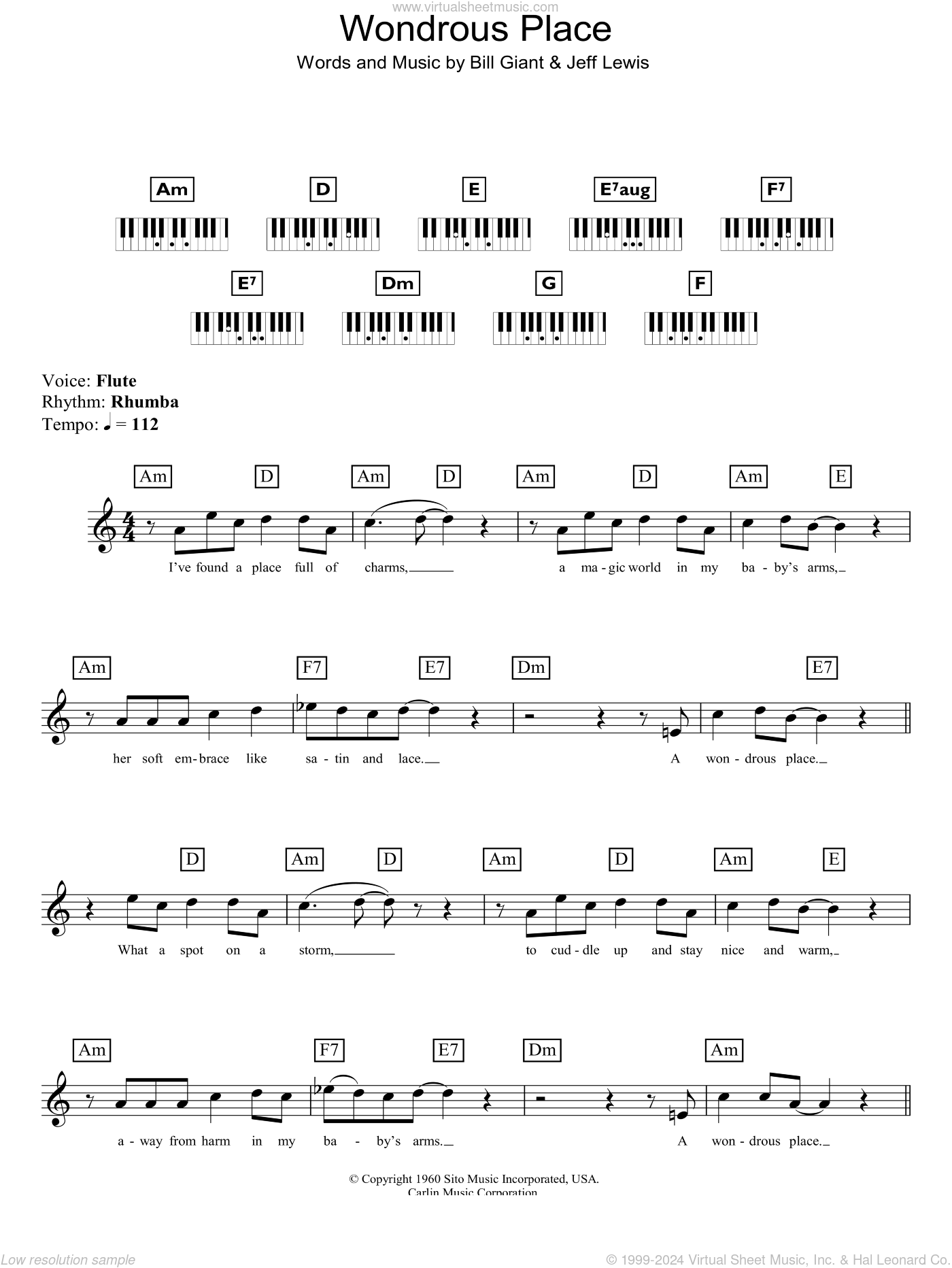 Wondrous Place sheet music for piano solo (chords, lyrics, melody)