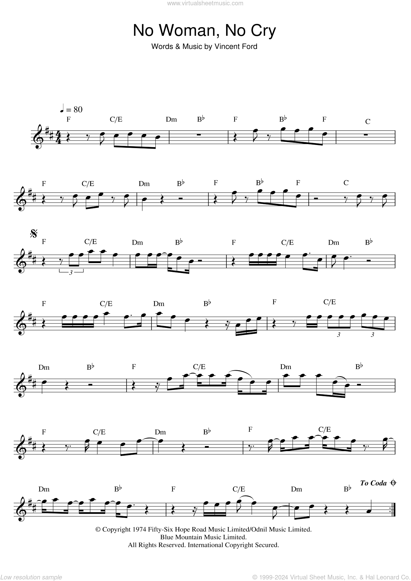 No Woman, No Cry sheet music for flute solo (PDF-interactive)