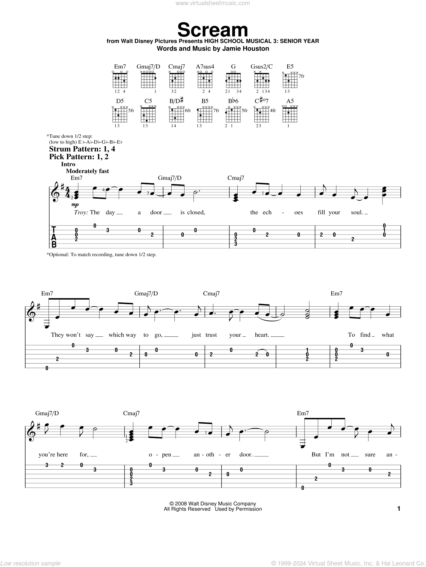 Scream sheet music for guitar solo (easy tablature) (PDF)