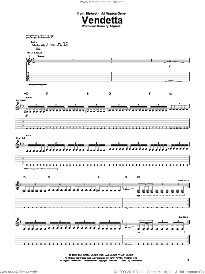 Slipknot - Vendetta Sheet Music For Guitar (Tablature) [PDF]