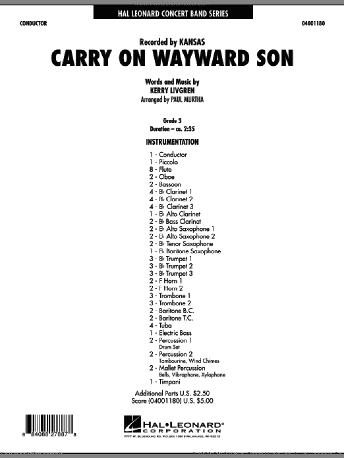 Murtha Carry On Wayward Son Sheet Music Complete Collection For Concert Band