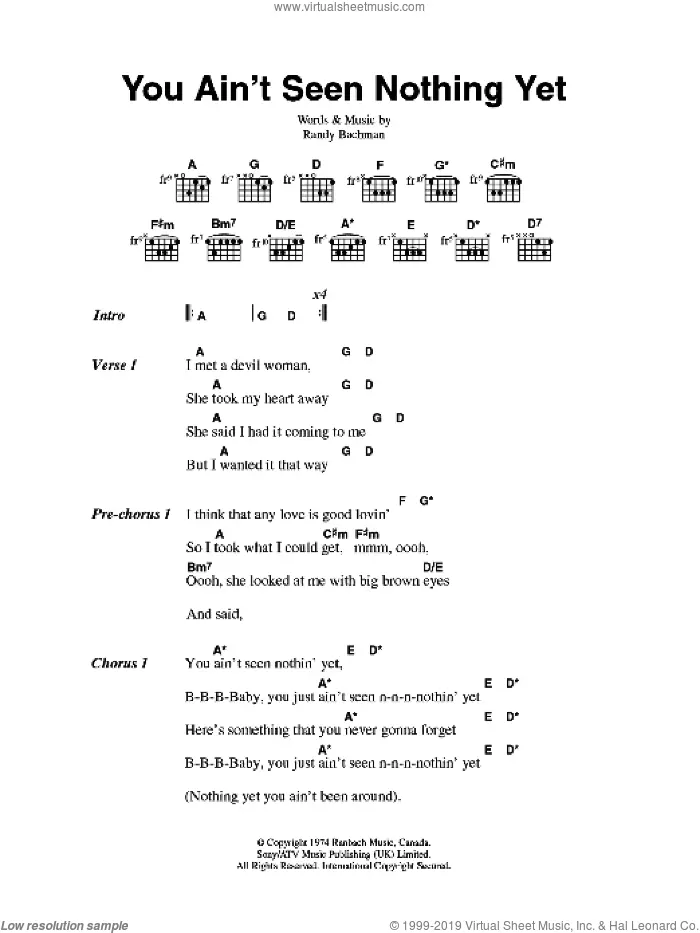 You Ain T Seen Nothing Yet Guitar Lesson Overdrive - You Ain't Seen Nothing Yet sheet music for guitar (chords)