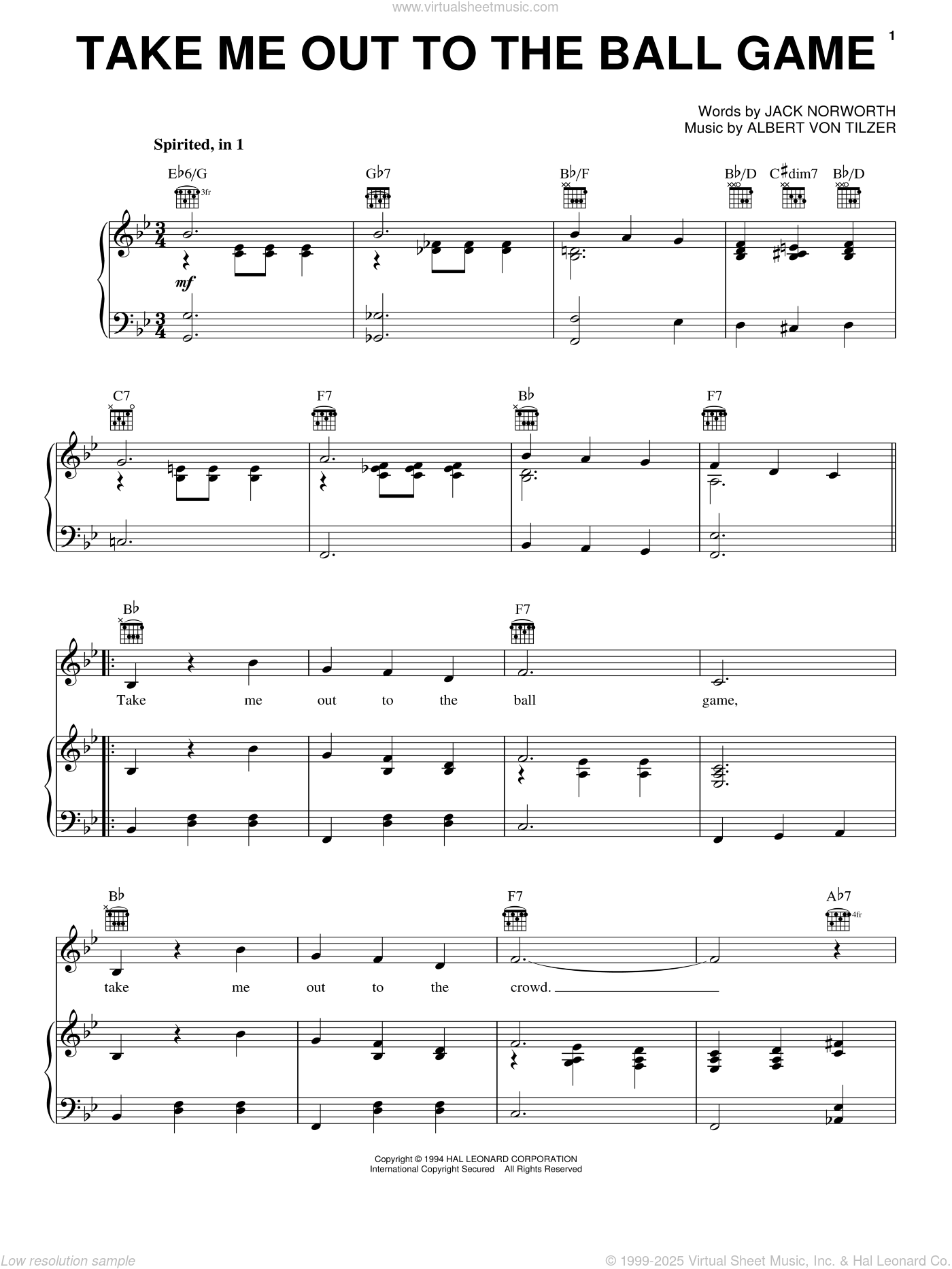 Take Me Out To The Ball Game sheet music for voice, piano or guitar