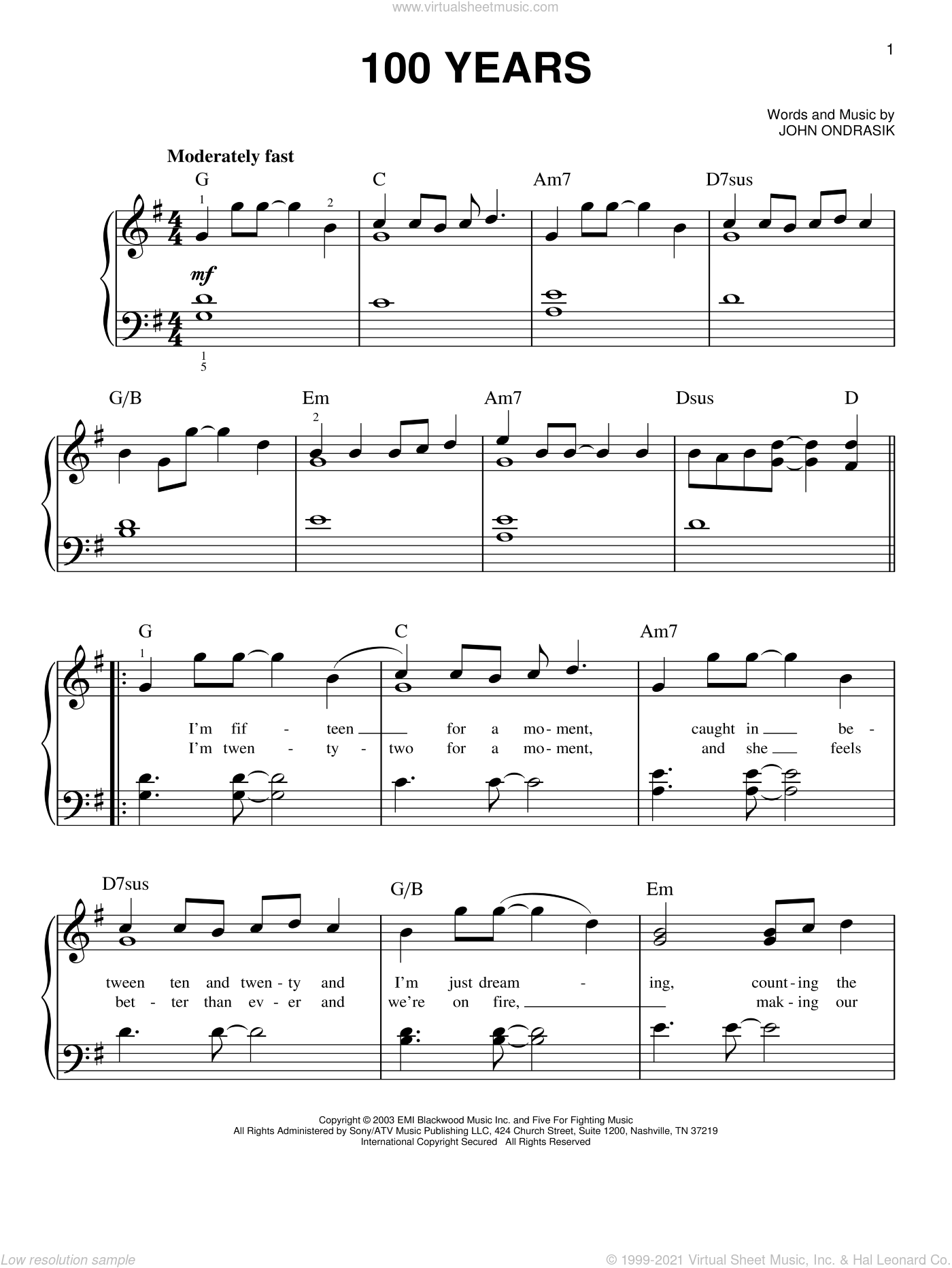 Fighting - 100 Years, (easy) sheet music for piano solo [PDF]