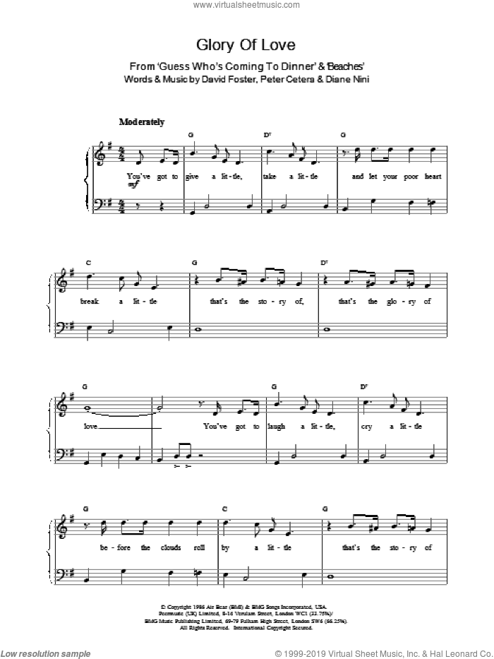 Glory Of Love, (easy) sheet music for piano solo (PDF)