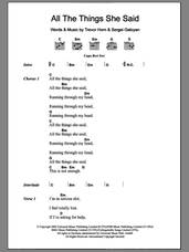 Cover icon of All The Things She Said sheet music for guitar (chords) by Tatu, Sergei Galoyan and Trevor Horn, intermediate skill level