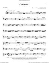 Cover icon of cardigan sheet music for recorder solo by Taylor Swift and Aaron Dessner, intermediate skill level