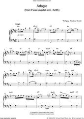 Cover icon of Adagio (from Flute Quartet In D, K285) sheet music for voice, piano or guitar by Wolfgang Amadeus Mozart, classical score, intermediate skill level
