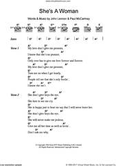 Cover icon of She's A Woman sheet music for guitar (chords) by The Beatles, John Lennon and Paul McCartney, intermediate skill level