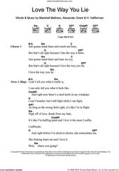 Cover icon of Love The Way You Lie (featuring Rihanna) sheet music for guitar (chords) by Eminem, Rihanna, Alexander Grant, H. Hafferman and Marshall Mathers, intermediate skill level