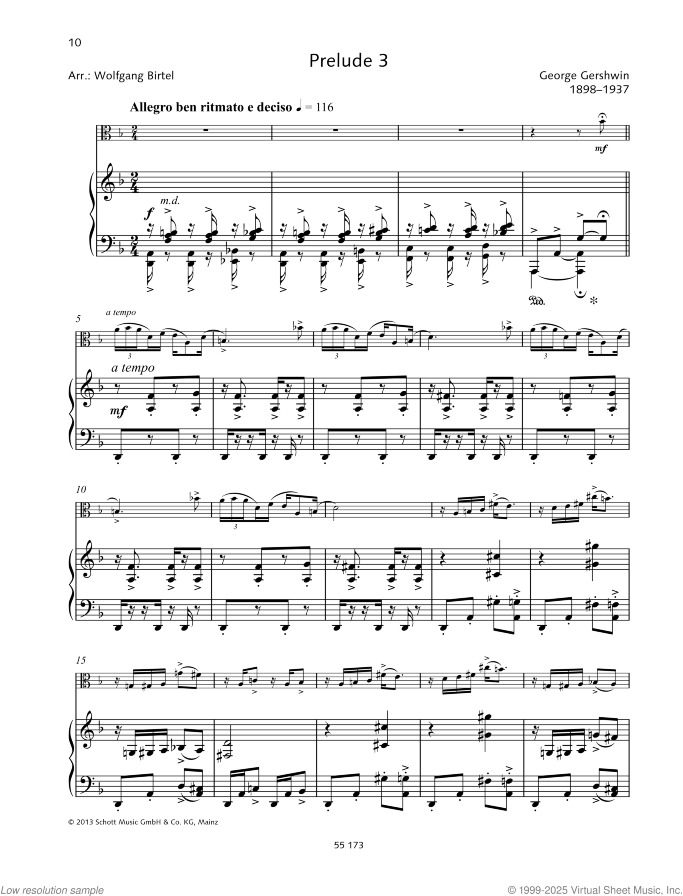 Prelude 3 sheet music for viola and piano by George Gershwin, classical score, easy+ skill level