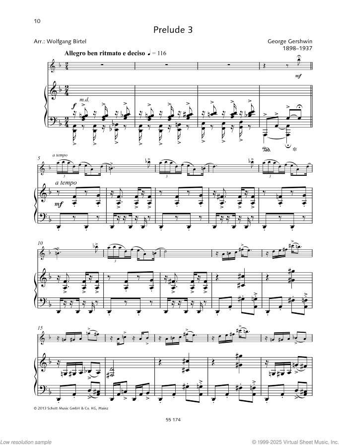 Prelude 3 sheet music for flute and piano by George Gershwin, classical score, easy+ skill level