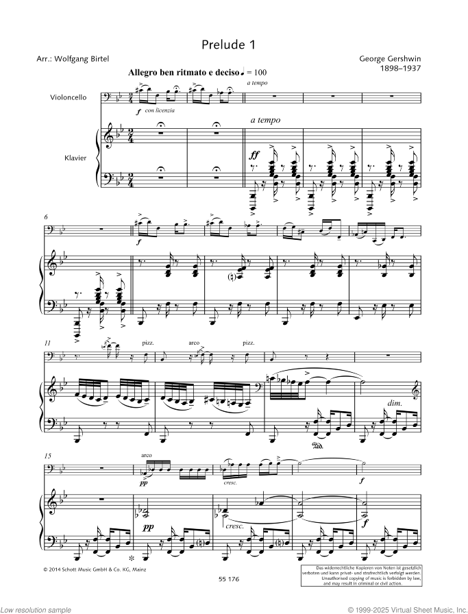 Prelude 1 sheet music for cello and piano by George Gershwin, classical score, easy+ skill level