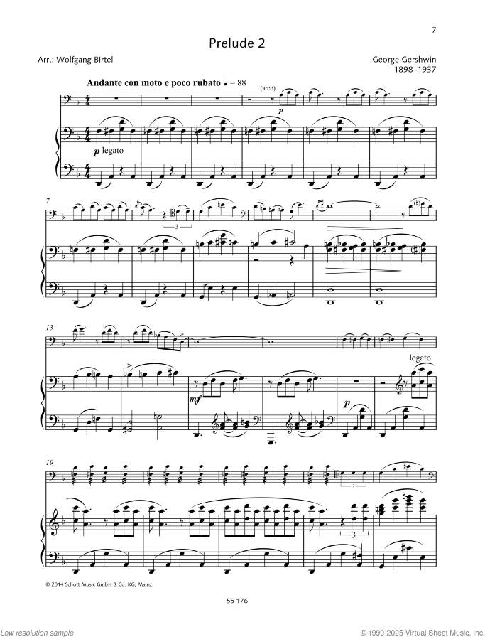 Prelude 2 sheet music for cello and piano by George Gershwin, classical score, easy+ skill level