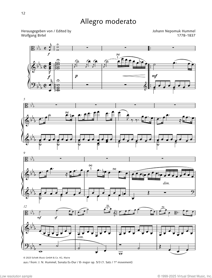 Allegretto moderato sheet music for viola and piano by Johann Nepomuk Hummel, classical score, easy/intermediate skill level