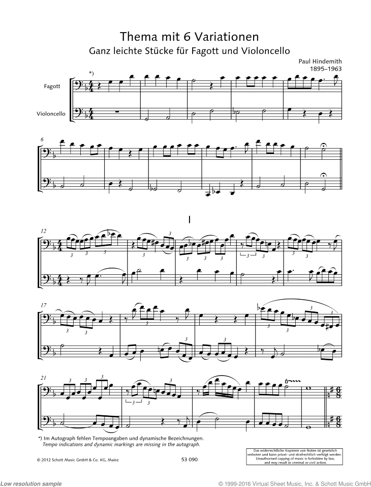 Theme and 6 Variations, Very Easy Pieces sheet music for bassoon and cello