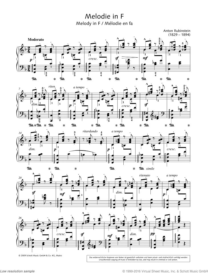 Melody In F sheet music for piano solo (PDF)